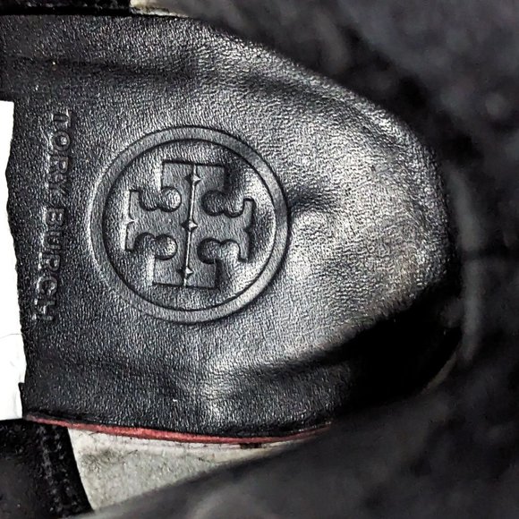 Tory Burch Women Joni Fur Cuff Buckle Logo Black Leather Mid Calf Boots size 7 - Picture 4 of 12